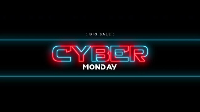 Cyber Monday and Big Sale text with neon lines on black gradient, motion abstract disco, club and holidays style background