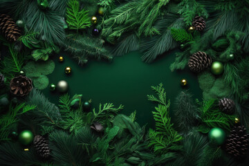 Fototapeta na wymiar Frame of green branches, cones, Christmas balls on green background. Copy space.