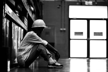 Sad young woman worker sit Alone in factory warehouse and look tire and lost job.