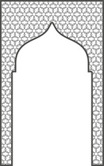 Islamic frame with arch and ornament. Ramadan gate on geometric background for wedding invitation design. Oriental decoration