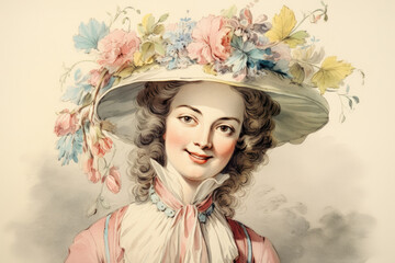 Nostalgia for old Paris: Watercolor illustration of young French woman with flowers, 18th century