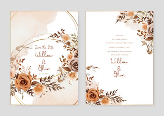 Brown rose artistic wedding invitation card template set with flower decorations