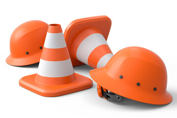 Set of safety helmets or hard hats and traffic cones on white background