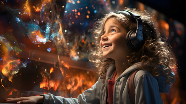 Smiling girl with headphones. Fantasy background. Creativity and imagination in children. Generative ai
