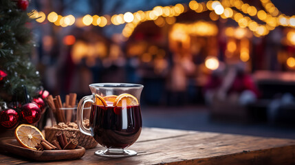 Traditional mulled wine in a glass mug on an empty tabletop at Christmas street fair with bright...