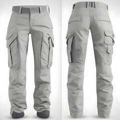 Stylish gray cargo pants mock up template, front and back view, isolated on white. Trendy and functional pants design presentation for print.

