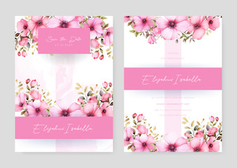 Fototapeta na wymiar Pink sakura elegant wedding invitation card template with watercolor floral and leaves
