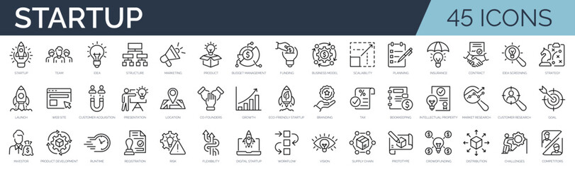 Set of 45 outline icons related to startup. Linear icon collection. Editable stroke. Vector illustration