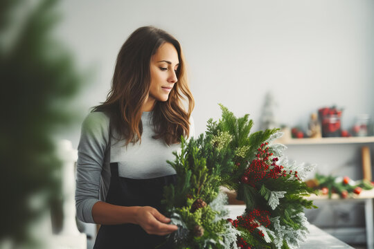 Attractive woman florist creating Christmas wreath in flower shop. Small business