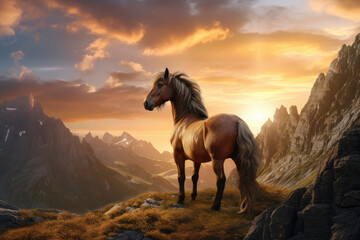 Horse in the mountains at sunset.