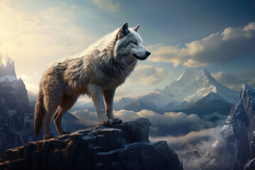White wolf standing on a rock and looking at the mountains.