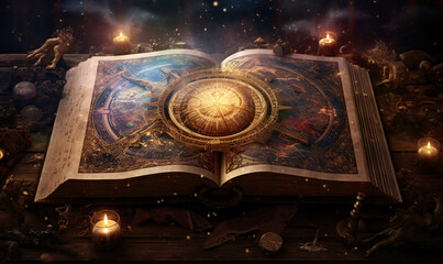 Fototapeta na wymiar An ancient spellbook with a magical compass and several lit candles on the table. digital AI
