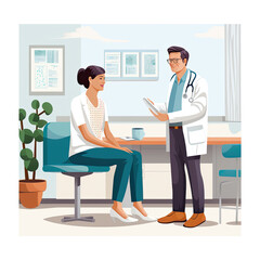 Obraz premium Illustration of a doctor in his office, he is standing with a tablet in his hand, he is giving the diagnosis to his female patient who outlines a smile. Created with AI.