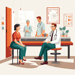 Illustration of a doctor and his female patient are sitting and talking placidly. In the background, a doctor and a nurse. Image made with AI.