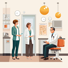 Illustration of a doctor, a nurse and a receptionist talking in a medical consultation. Illustration generated by AI.