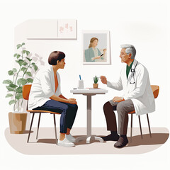 Illustration of a doctor explaining her diagnosis to a patient sitting in a medical consultation. Image of AI.