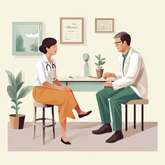 Illustration of a doctor and a doctor sitting in front of each other talking in a medical consultation. Illustration made by AI.