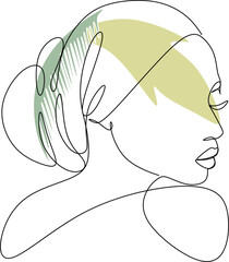 African woman face line drawing. Minimalistic abstract continuous line woman portrait for logo, prints, tattoos, posters, textiles, cards. Vector illustration
