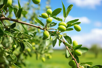 Branch with green olives on farm in daylight