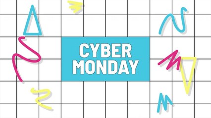 Cyber Monday on memphis pattern with zigzag and triangles, motion abstract retro, geometric and holidays style background