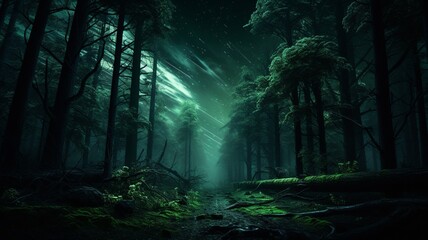 Fototapeta premium Green forest night light high resolution beautiful image Ai generated art