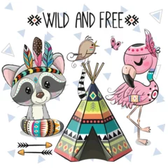 Papier peint Chambre d enfant Cartoon tribal Flamingo and Raccoon with feathers