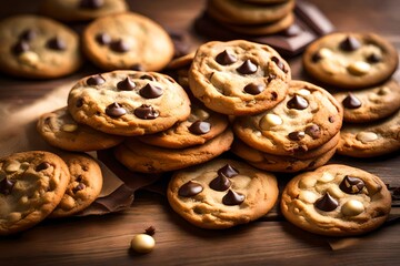 Create an image of a close-up shot of a stack of freshly baked, golden-brown chocolate chip cookies - obrazy, fototapety, plakaty