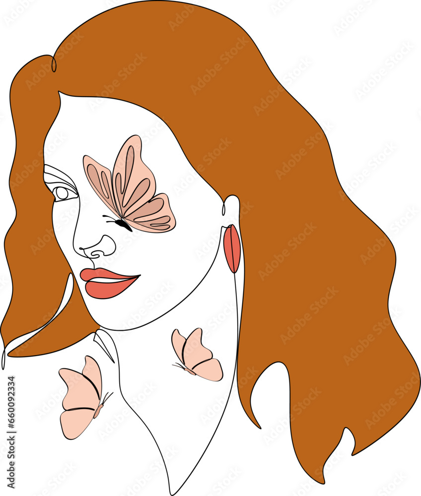 Wall mural Woman's head with butterflies. Boho wall art set. Women's faces Fashionable bohemian drawing. Minimalist woman illustration for wall decor, print, poster, social media. Abstract woman art vector illus