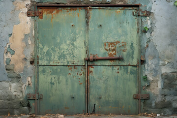 Old shabby metal door with rusty hinge near green wall - Powered by Adobe