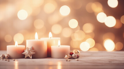 Create a festive atmosphere with a cozy blurred background for Christmas, featuring the soft glow of candles. Perfect for holiday-themed designs and concepts.
