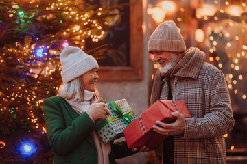 Obraz na płótnie Canvas Happy senior couple enjoying christmas market, buying gifts and christmas tree.