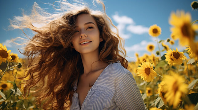Beautiful girl among sunflowers against the blue sky.