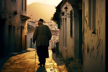 old man walking in a village street on a greek island golden hour photography Kodachrome 64 film15  - obrazy, fototapety, plakaty