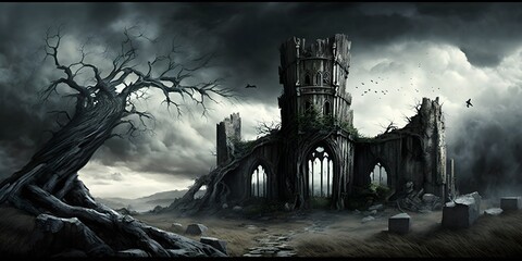 sinister and oppressive landscape black and threatening clouds cover the sky oppressive darkness The ground is covered in thick sticky mud skeletal trees ancient and dilapidated ruins emerge from  - obrazy, fototapety, plakaty