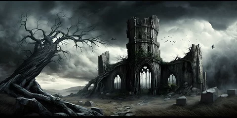 Foto op Canvas sinister and oppressive landscape black and threatening clouds cover the sky oppressive darkness The ground is covered in thick sticky mud skeletal trees ancient and dilapidated ruins emerge from  © Louis