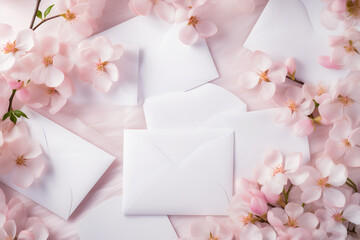 White Envelopes Laying on White Table and Pinkish Flowers