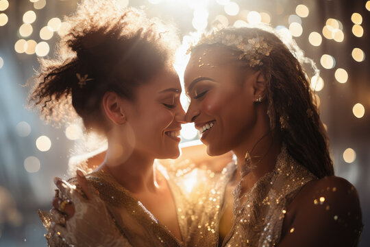 pareja de mujeres abrazadas para besarse vestidas de fiesta sobre fondo desenfocado de bokeh dorado