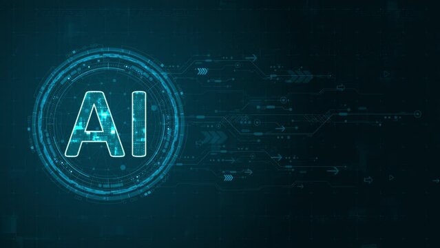 Motion graphic of Blue digital AI letter and circle futuristic HUD elements with flowing arrows with Ai chatbot and machine learning technology and ai assistance concepts on abstract background