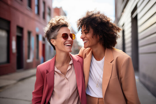 pareja de mujeres abrazadas sonrientes paseando por una calle de una ciudad