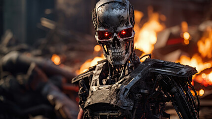 Damaged metal skeleton robot, without human shell, humanoid with artificial intelligence, in destroyed abandoned environment, machine in war against humanity, metal combat robot and soldier