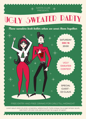 Night club retro Christmas party invitation. 60s - 70s style Christmas poster with dancing couple in sweaters. Ugly sweater party invitation.