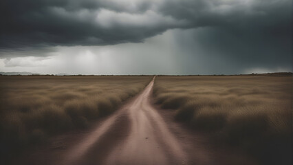 Fototapeta na wymiar Dramatic stormy sky over a dirt road in the countryside