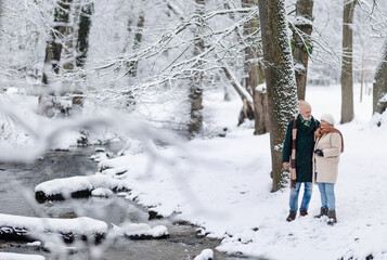 Fototapeta na wymiar Elegant senior couple walking in the snowy park near the river, during winter snowy day. Winter vacation in the mountains. Wintry landscape.