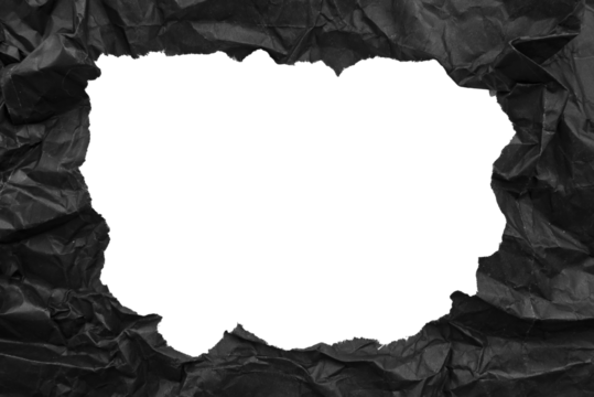 Black paper background with copy space. Hole on a crumpled dark sheet