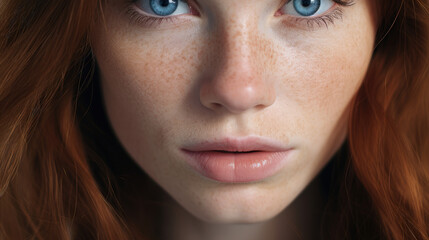 Fototapeta premium Young woman with striking blue eyes in close-up.