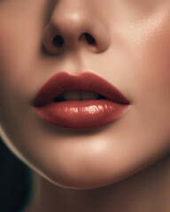 A close-up shot of a bright red color lips, photo retouch, clean face model