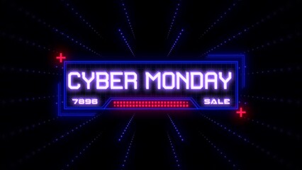 Cyber Monday on computer screen with HUD elements and shapes, motion abstract futuristic, cosmos and holidays style background - Powered by Adobe