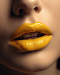 A close-up shot of a bright yellow color lips, photo retouch, clean face model