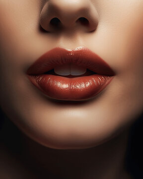 A close-up shot of a bright red color lips, photo retouch, clean face model