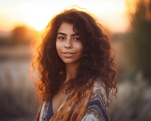 A portrait of a beautiful young latina girl at golden hour with brown curly hair and brown eyes smiling a camera while being isolated from blurred background